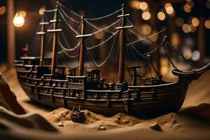 a model of a pirate ship in the sand. AI-Generated photo