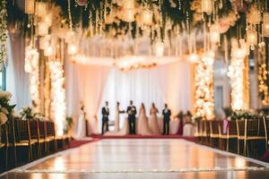 un Boda ceremonia con un largo pasillo y un largo mesa. generado por ai foto