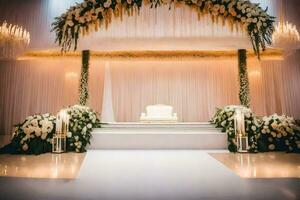 a wedding ceremony with a white archway and flowers. AI-Generated photo