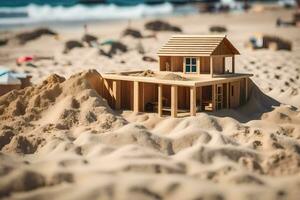 a miniature house on the beach with sand. AI-Generated photo