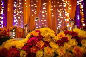 a colorful wedding stage with yellow and orange flowers. AI-Generated photo