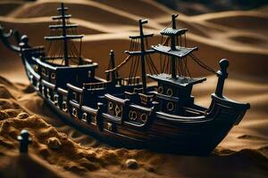 a model of a pirate ship in the desert. AI-Generated photo