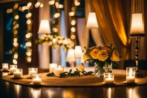 un mesa con velas y flores en frente de un ventana. generado por ai foto