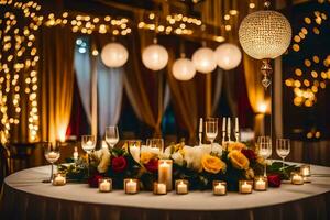 a table with candles and flowers in front of a string of lights. AI-Generated photo