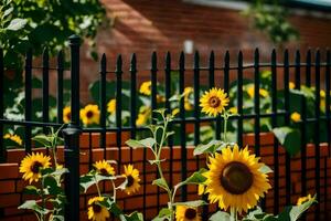 a black fence with sunflowers in front of it. AI-Generated photo