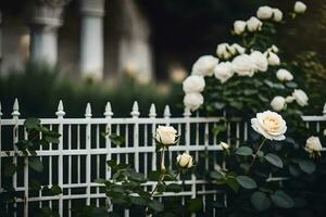 white roses are growing in front of a white fence. AI-Generated photo