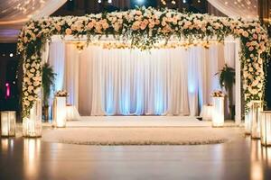 a wedding ceremony with a floral arch and candles. AI-Generated photo