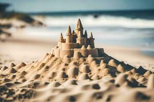 un arena castillo en el playa. generado por ai foto