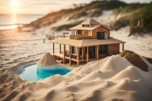 un miniatura casa en el playa con un piscina. generado por ai foto