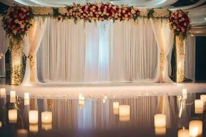 un Boda etapa con velas y flores generado por ai foto