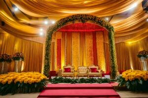 wedding stage decoration with yellow and red flowers. AI-Generated photo