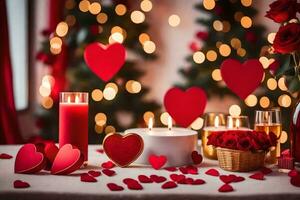 valentine's day decorations with candles and hearts. AI-Generated photo