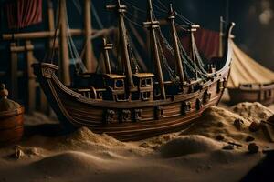 a model of a ship in the sand. AI-Generated photo