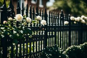 a black wrought iron fence with white roses. AI-Generated photo