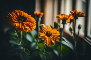 orange flowers in front of a window. AI-Generated photo