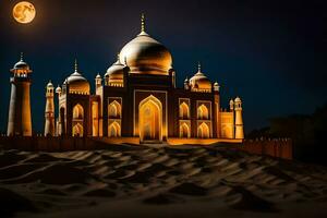 el taj mahal es iluminado arriba a noche. generado por ai foto