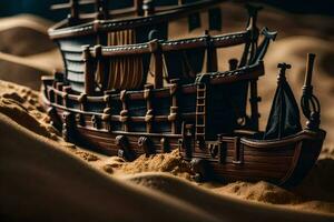 a model of a pirate ship in the sand. AI-Generated photo