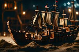 a wooden model of a pirate ship on sand. AI-Generated photo