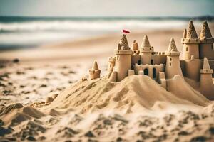 un arena castillo en el playa con un bandera. generado por ai foto