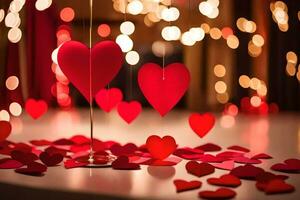 a red heart is sitting on a table with a string of hearts. AI-Generated photo