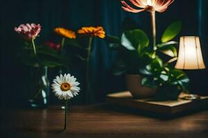 un flor y un lámpara en un mesa. generado por ai foto