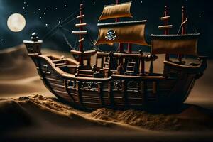 a pirate ship is in the sand at night. AI-Generated photo