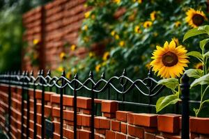 a sunflower is growing in front of a brick wall. AI-Generated photo