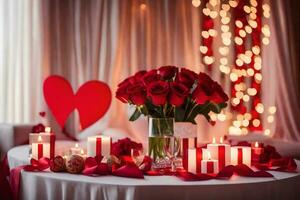 valentine's day table setting with red roses and candles. AI-Generated photo