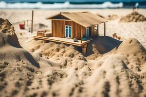 a miniature house on the beach with sand. AI-Generated photo