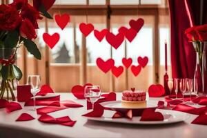 valentine's day table setting with red hearts. AI-Generated photo