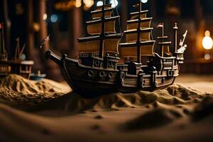 a model of a pirate ship in the sand. AI-Generated photo