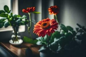 red gerbera flowers in a vase on a table. AI-Generated photo