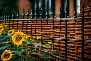 a fence with sunflowers in front of a brick wall. AI-Generated photo