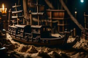 un modelo de un pirata Embarcacion en un oscuro habitación. generado por ai foto