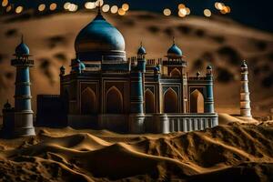 a model of a taj mahal in the desert. AI-Generated photo