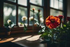 red flower in front of window. AI-Generated photo