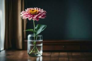 a pink flower in a vase on a wooden table. AI-Generated photo