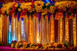 un vistoso Boda pabellón con flores y luces. generado por ai foto