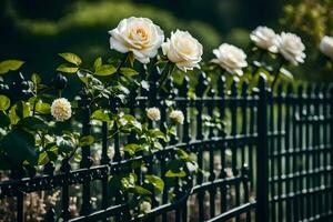 white roses on a black wrought fence. AI-Generated photo