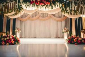 a wedding ceremony with flowers and a stage. AI-Generated photo