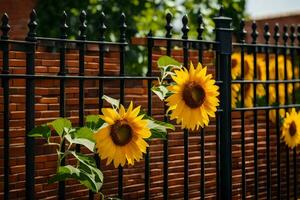 sunflowers are growing on a fence in front of a brick wall. AI-Generated photo