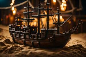 a model of a pirate ship in the sand. AI-Generated photo