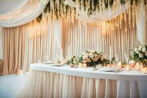 a wedding reception table with white linens and candles. AI-Generated photo