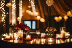 candles and lanterns are lit around a table. AI-Generated photo