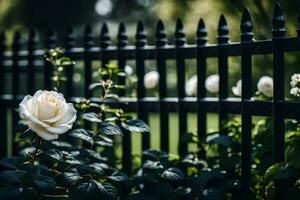 white rose on black fence. AI-Generated photo