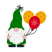 Christmas gnome vector icon. A cute elf with a beard holds a bunch of balloons with snowflake print. Santa Claus helper in a stocking cap with a bow, green suit. Flat cartoon clipart isolated on white