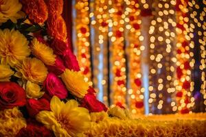 a colorful arrangement of flowers and garlands in front of a backdrop of lights. AI-Generated photo