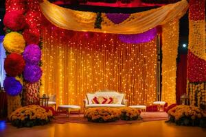 a colorful stage decorated with flowers and a white couch. AI-Generated photo