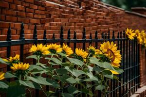 sunflowers growing on a fence near a brick wall. AI-Generated photo