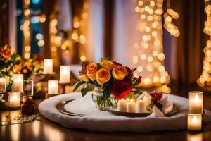 un mesa ajuste con velas y flores generado por ai foto